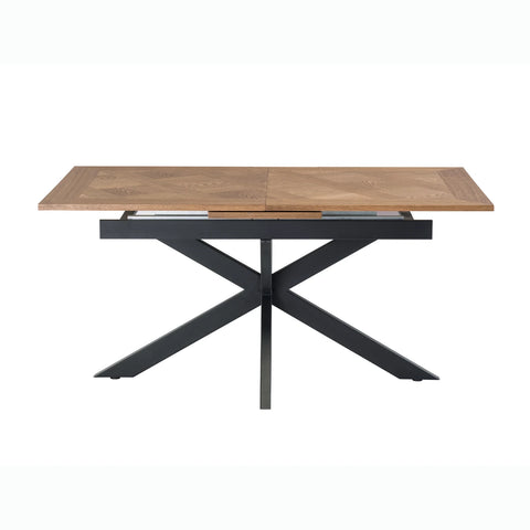 Bronx Oak Veneer 160-200cm Extending Dining Table with Fabric Dining Chairs - Wooden table with metal X-shaped legs 