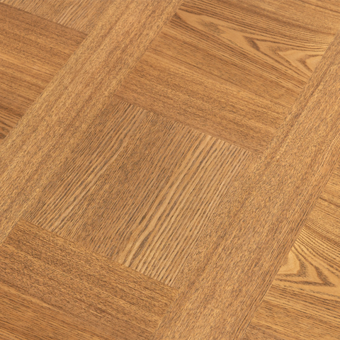 Close-up of wooden dining table with a herringbone pattern