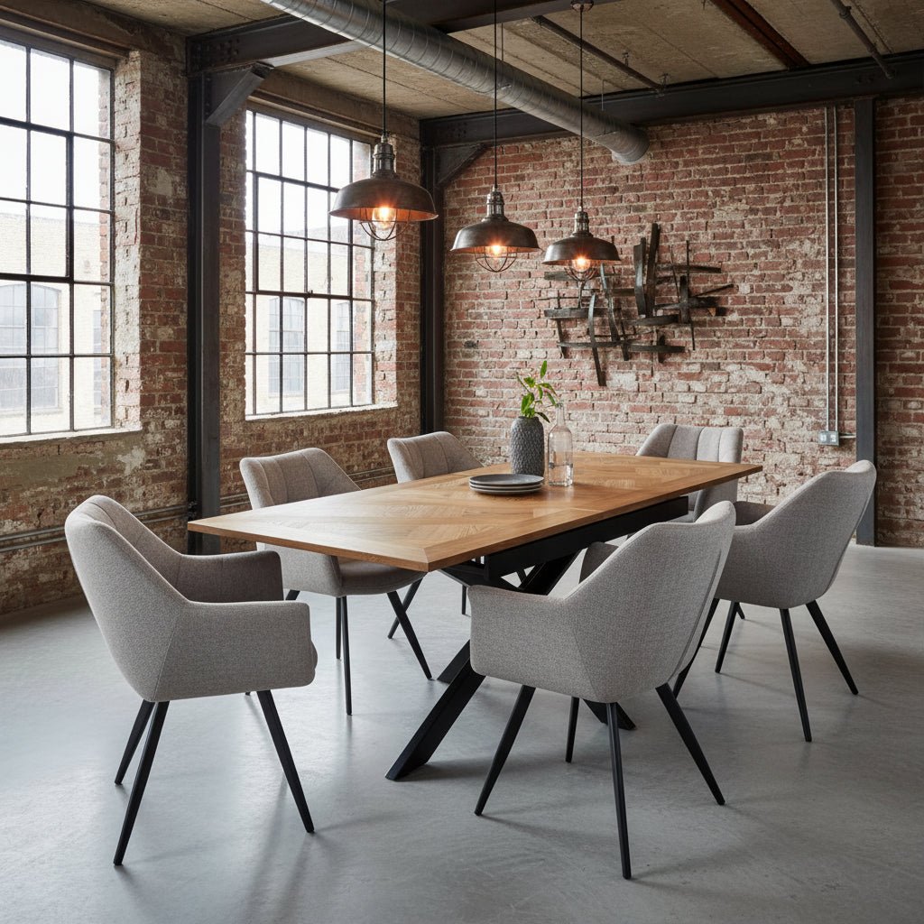 Lifestyle Image of Bronx Oak Veneer 160-200cm Extending Dining Table with Fabric Dining Chairs