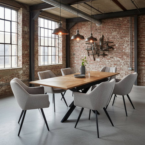 Lifestyle Image of Bronx Oak Veneer 160-200cm Extending Dining Table with Fabric Dining Chairs
