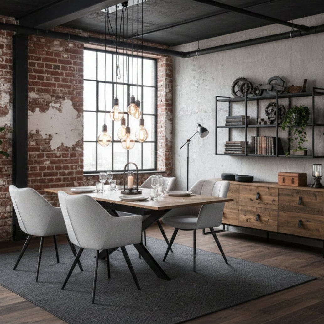 Lifestyle Image of Bronx Oak Veneer 160-200cm Extending Dining Table with Grey Fabric Dining Chairs