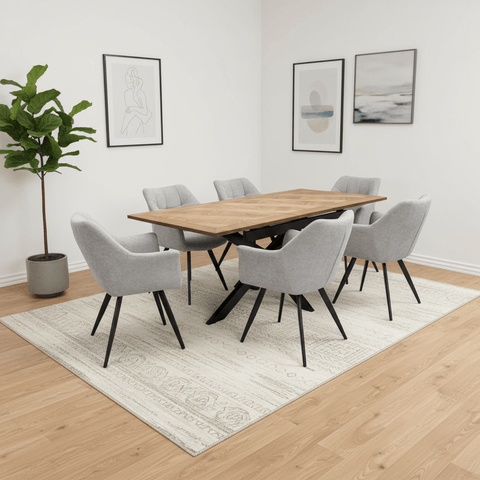 Bronx Oak Veneer 160-200cm Extending Dining Table with Grey Fabric Dining Chairs