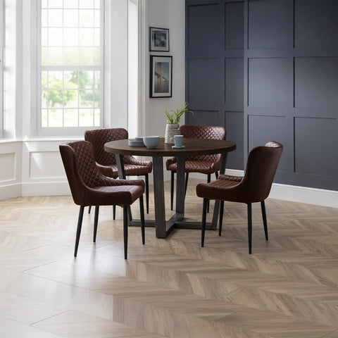 Brooklyn 1.2M Dark Oak Rustic Finish Round Dining Table with Gunmetal Base