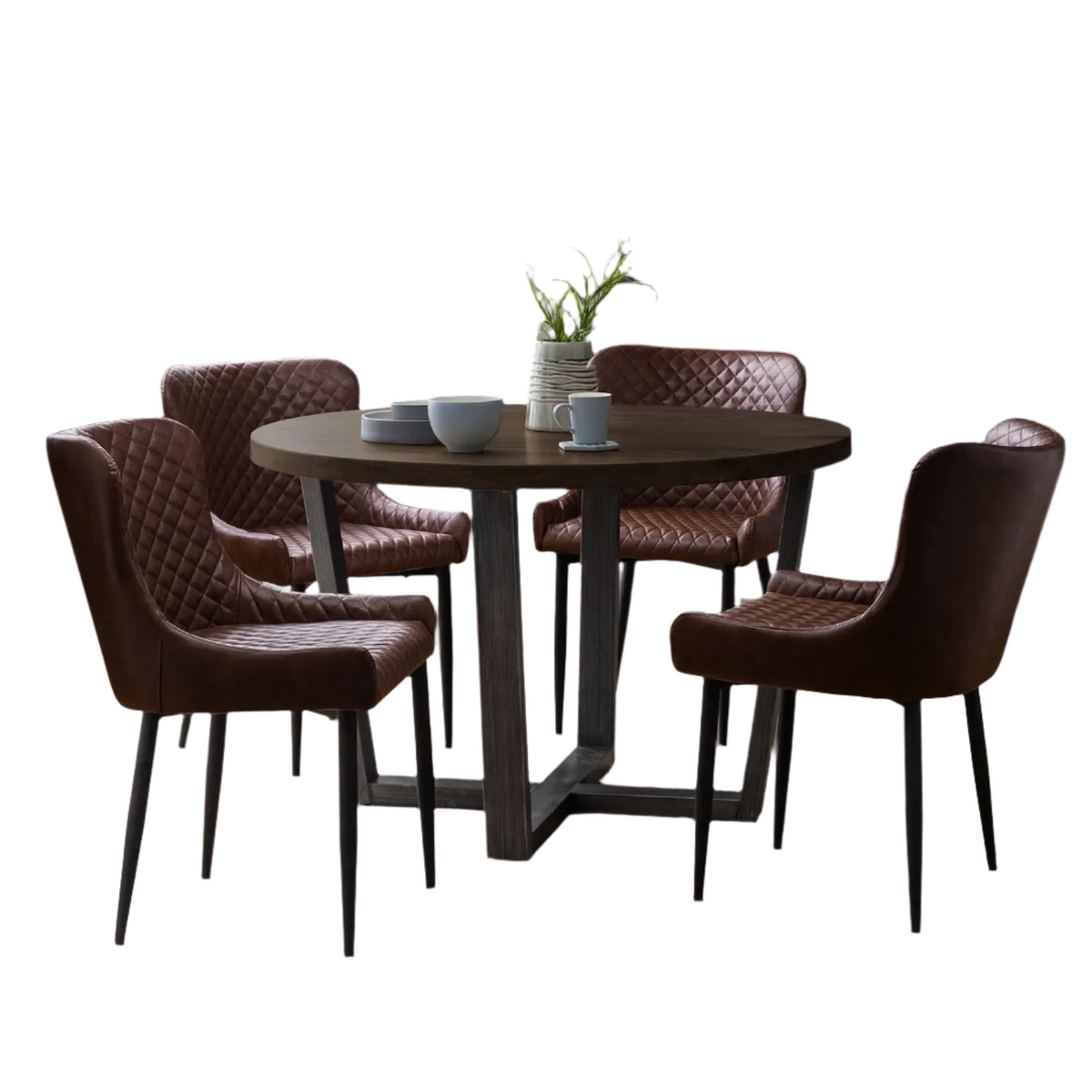 Brooklyn 1.2M Dark Oak Round Dining Table with 4 Luxe Brown Faux Leather Chairs