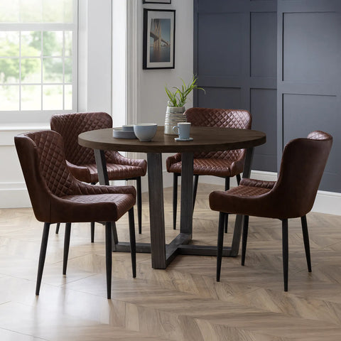 Brooklyn 1.2M Dark Oak Round Dining Table with 4 Luxe Brown Faux Leather Chairs