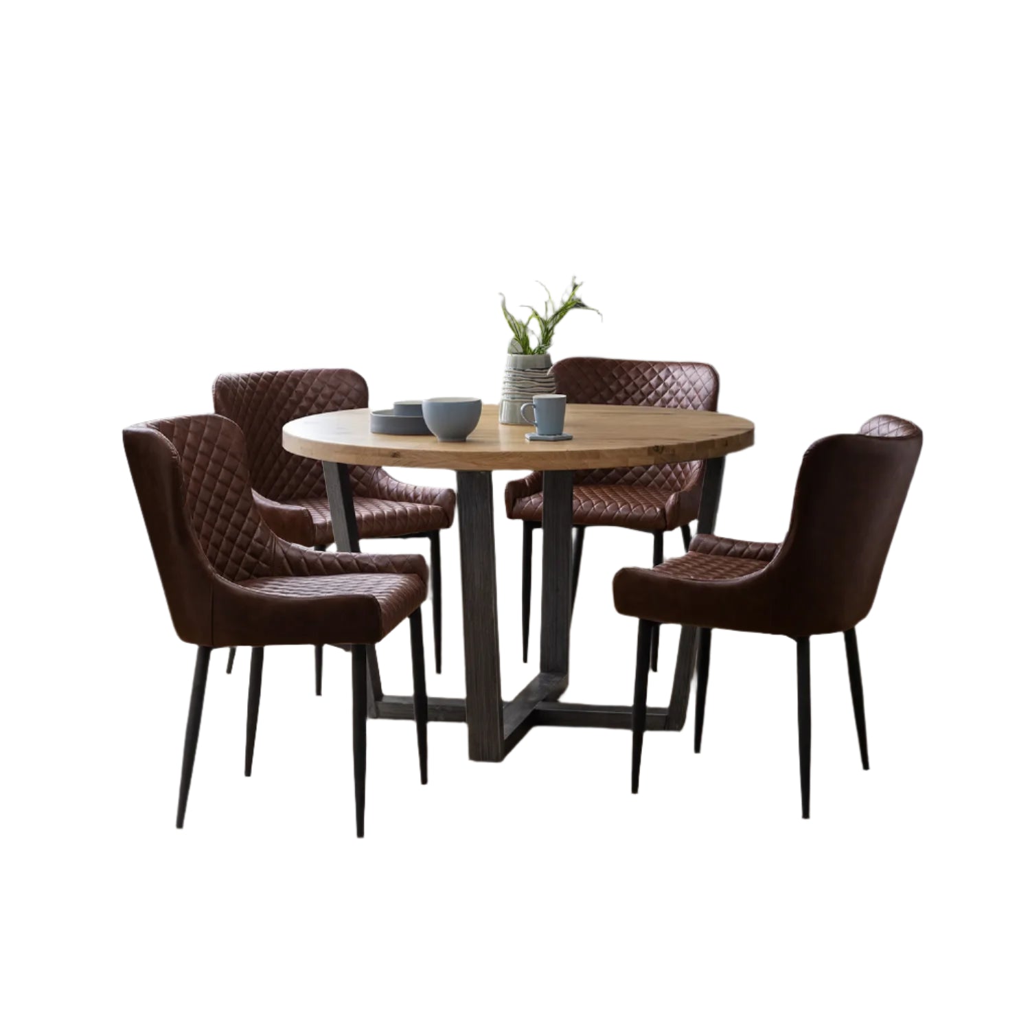 Get Brooklyn Round Oak Dining Table With 4 Luxe Brown Faux Leather Get brooklyn round oak dining table with 4 luxe brown faux leather