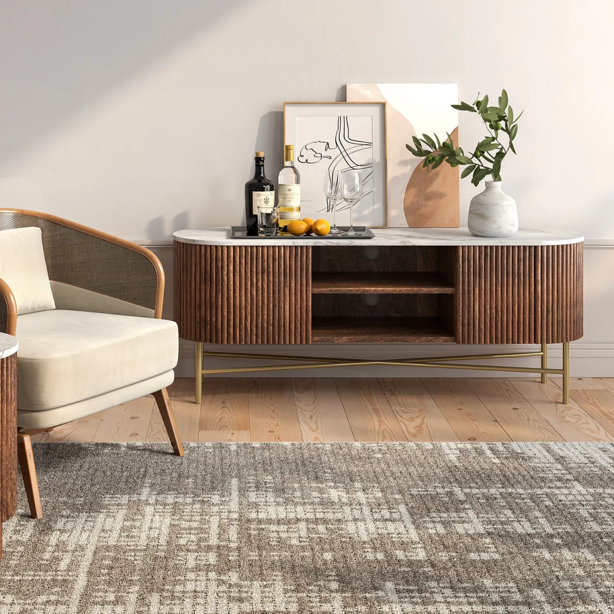 Brown Valencia Marble Mango Wood Large TV Unit - Pendle Village Furniture