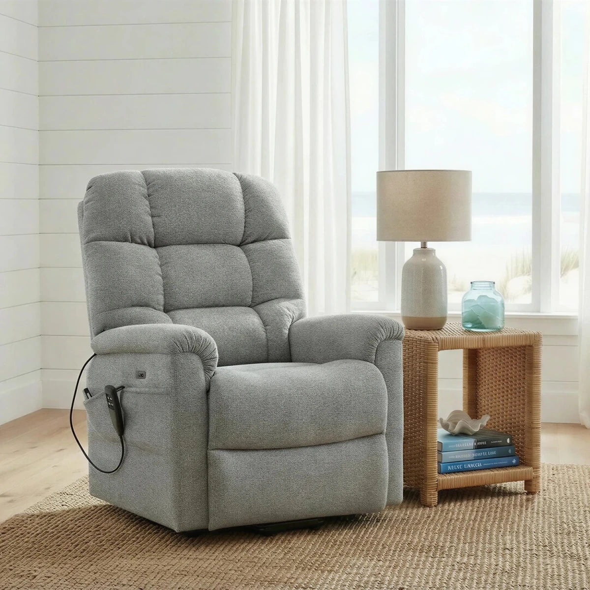Brynn Grey triple motor riser recliner with heat, massage and independent headrest adjustment. 