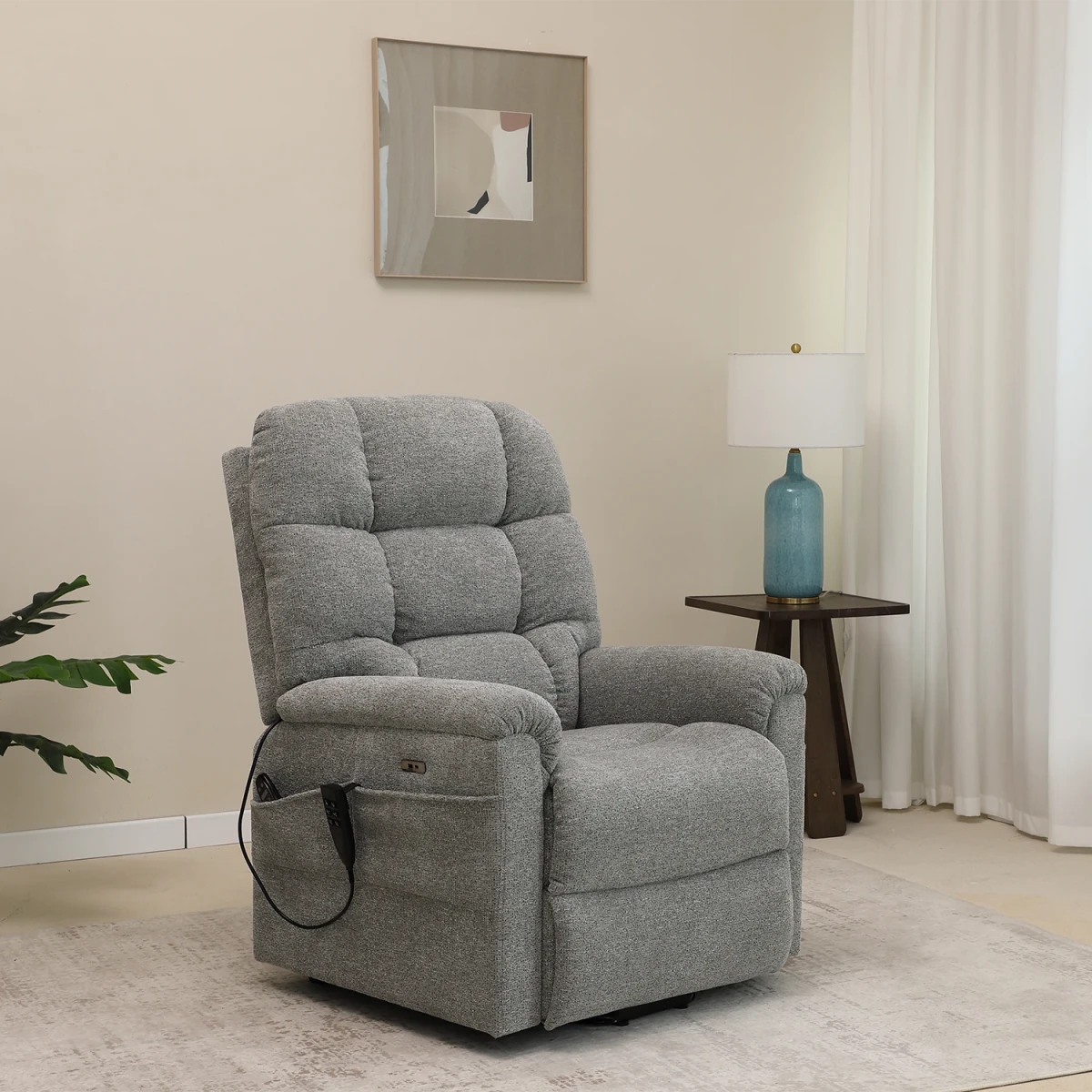 Brynn Bottled Grey Fabric triple motor riser recliner with heat, massage and independent headrest adjustment. 