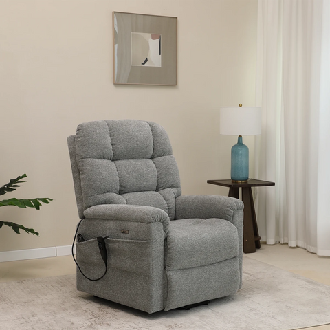 Brynn Bottled Grey Fabric triple motor riser recliner with heat, massage and independent headrest adjustment. 