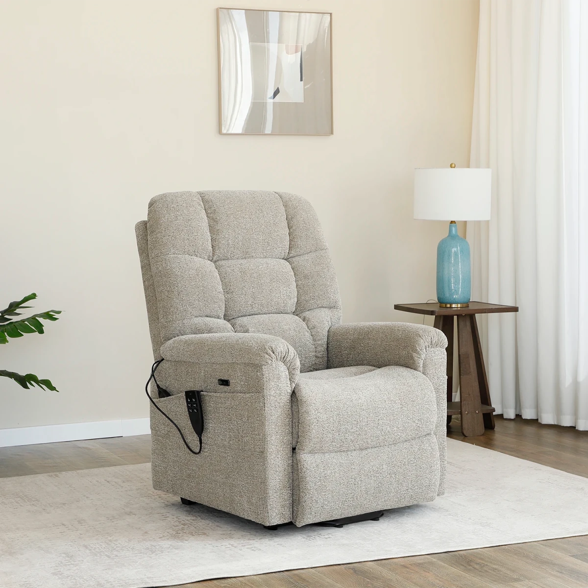 Brynn Egyptian Sand Fabric  triple motor riser recliner with heat, massage and independent headrest adjustment. 