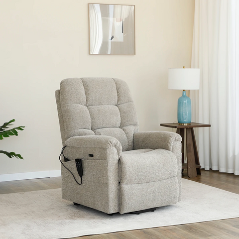 Brynn Egyptian Sand Fabric  triple motor riser recliner with heat, massage and independent headrest adjustment. 