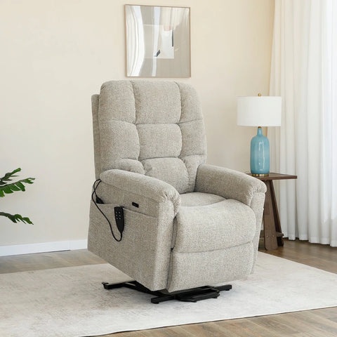 Shop the Brynn triple motor riser recliner with heat, massage and independent headrest adjustment. Available in Egyptian Sand or Mottled Grey fabric.
