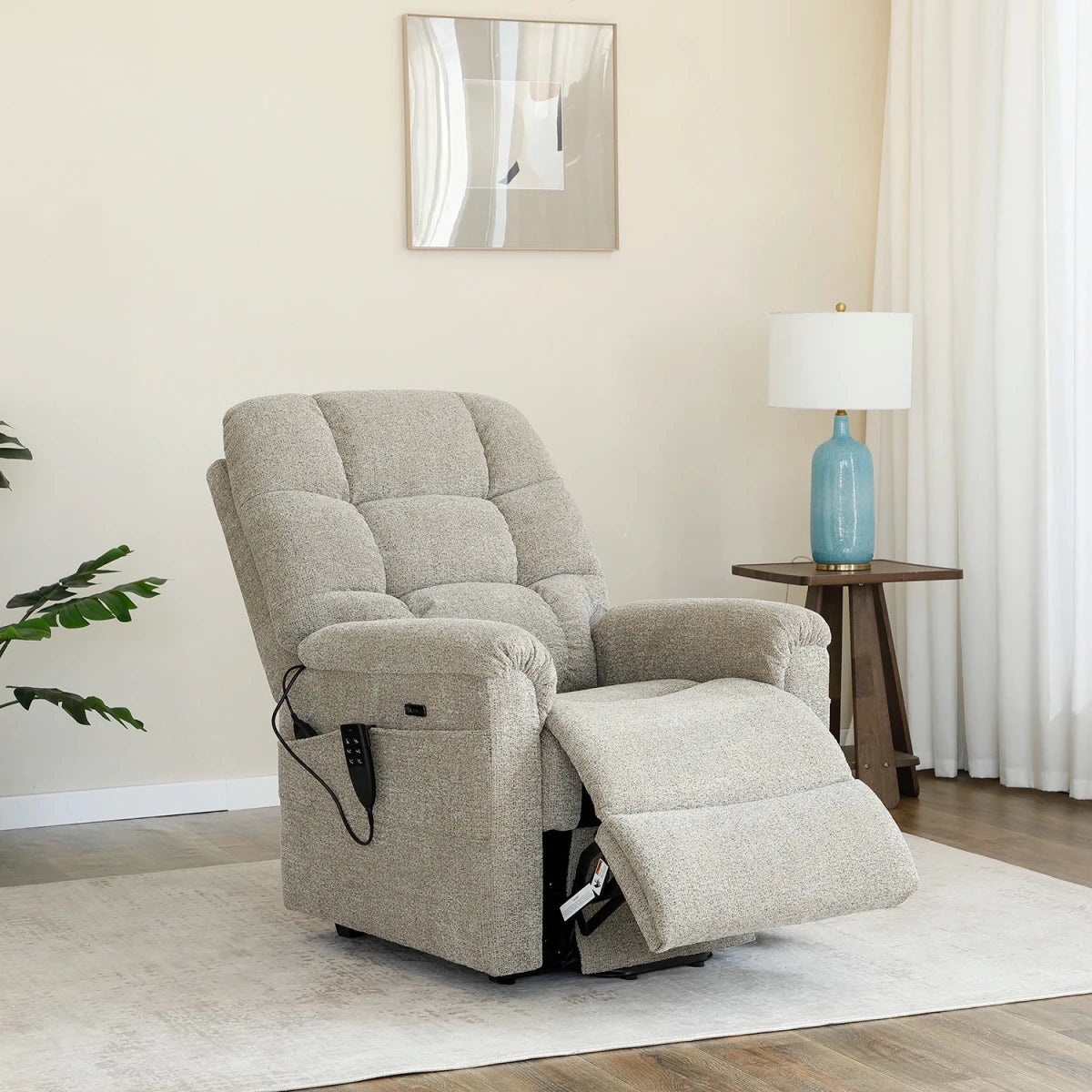 Brynn Beige Fabric  triple motor riser recliner with heat, massage and independent headrest adjustment. 