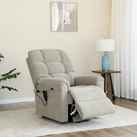 Brynn Beige Fabric  triple motor riser recliner with heat, massage and independent headrest adjustment. 
