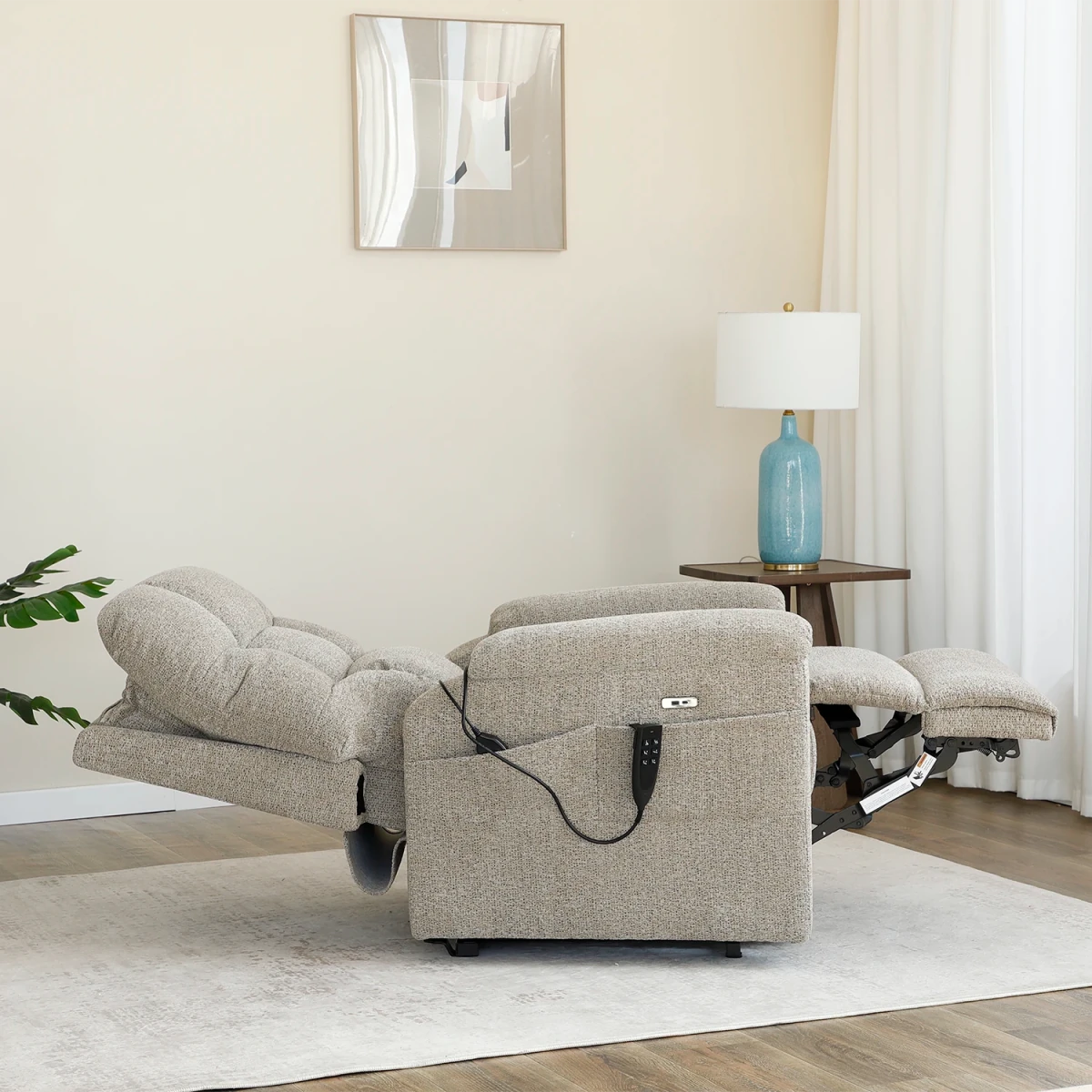 Reclined View of Brynn Egyptian Sand Fabric  triple motor riser recliner with heat, massage and independent headrest adjustment. 