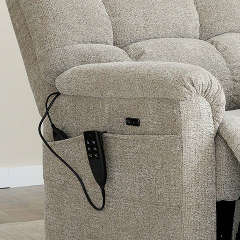 Arm Close up of Brynn Egyptian Sand Fabric  triple motor riser recliner with heat, massage and independent headrest adjustment. 