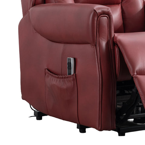 Close up of Buckingham Burgundy Full Leather Lift & Tilt Recliner Chair with High Back showing Arm and pouch that holds the remote control