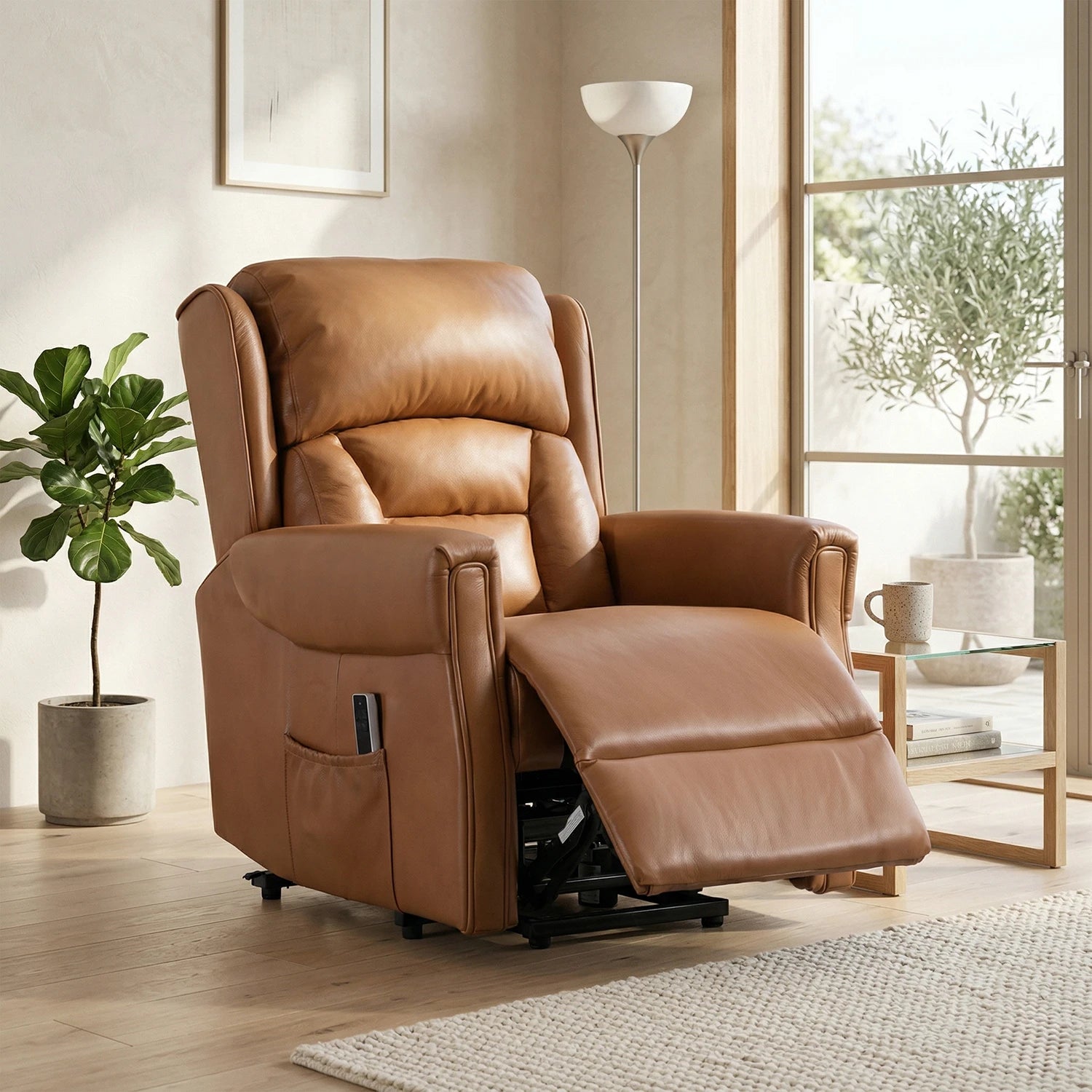Brown leather recliner chair in a living room setting with a plant and window in the background.
