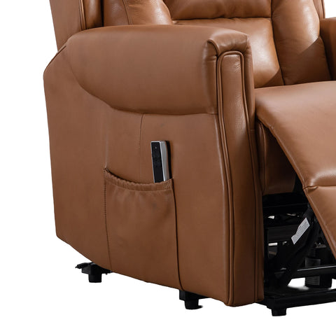 Buckingham Camel Full Leather Lift & Tilt Recliner with remote holder pocket on a white background