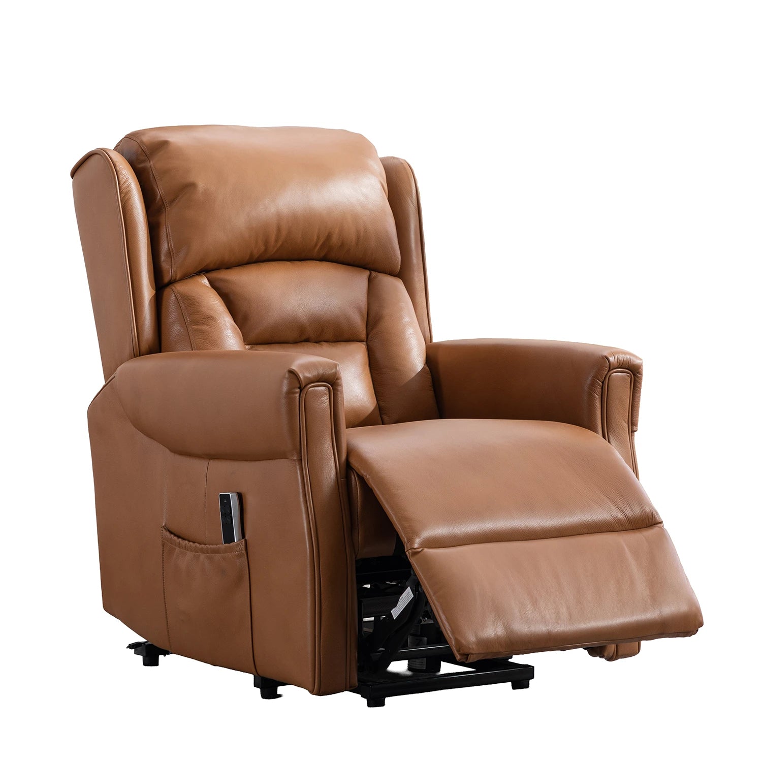 Buckingham Camel Full Leather Lift & Tilt Recliner with the footrest extended, shown on a plain white background. A small black remote control is visible in a side pocket.
