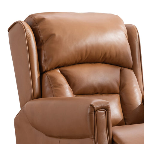 Close-up of a tan leather recliner chair showing the padded backrest, armrests, and upholstery texture against a plain white background.