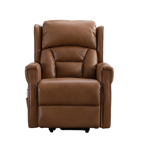 Buckingham dual motor lift & tilt recliner in premium full camel leather with independent reclining, lumbar support and superior everyday comfort.