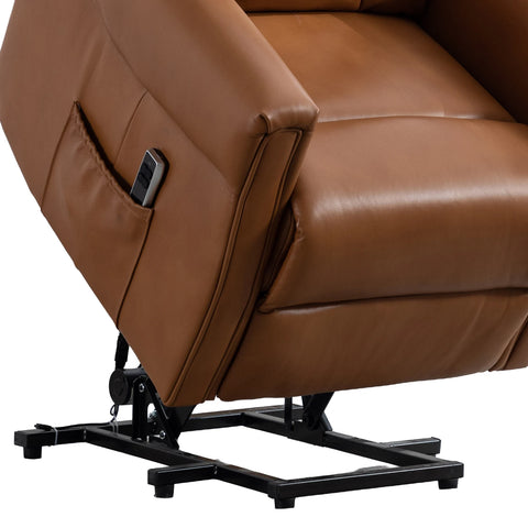 Close-up of a brown leather Lift & Tilt recliner chair showing the side pocket with a remote control and the black metal support frame.