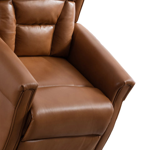 Close-up of a brown leather recliner chair showing the padded backrest, armrests, and seat cushion on a white background.
