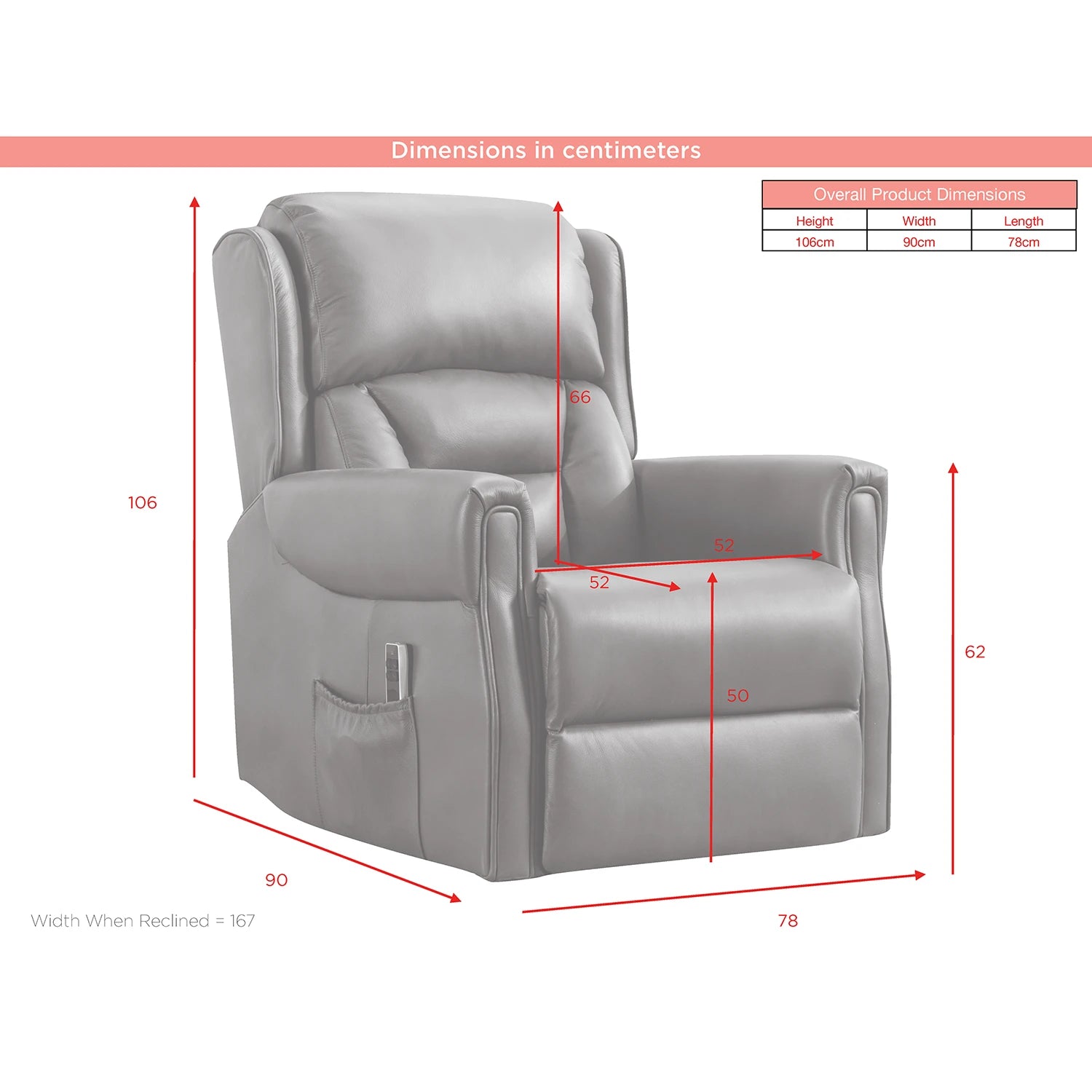 Buckingham Burgundy Full Leather Lift & Tilt Recliner shown with red dimension lines and a small product dimensions table, indicating measurements in centimeters for height, width, and length.