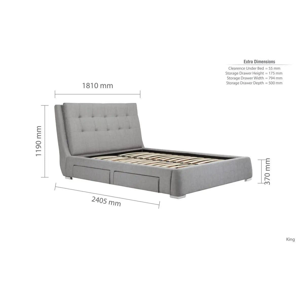 Bugati 4 Drawer Silver Fabric Bed, Stylish Storage Bed - Kingsize Dimensions 