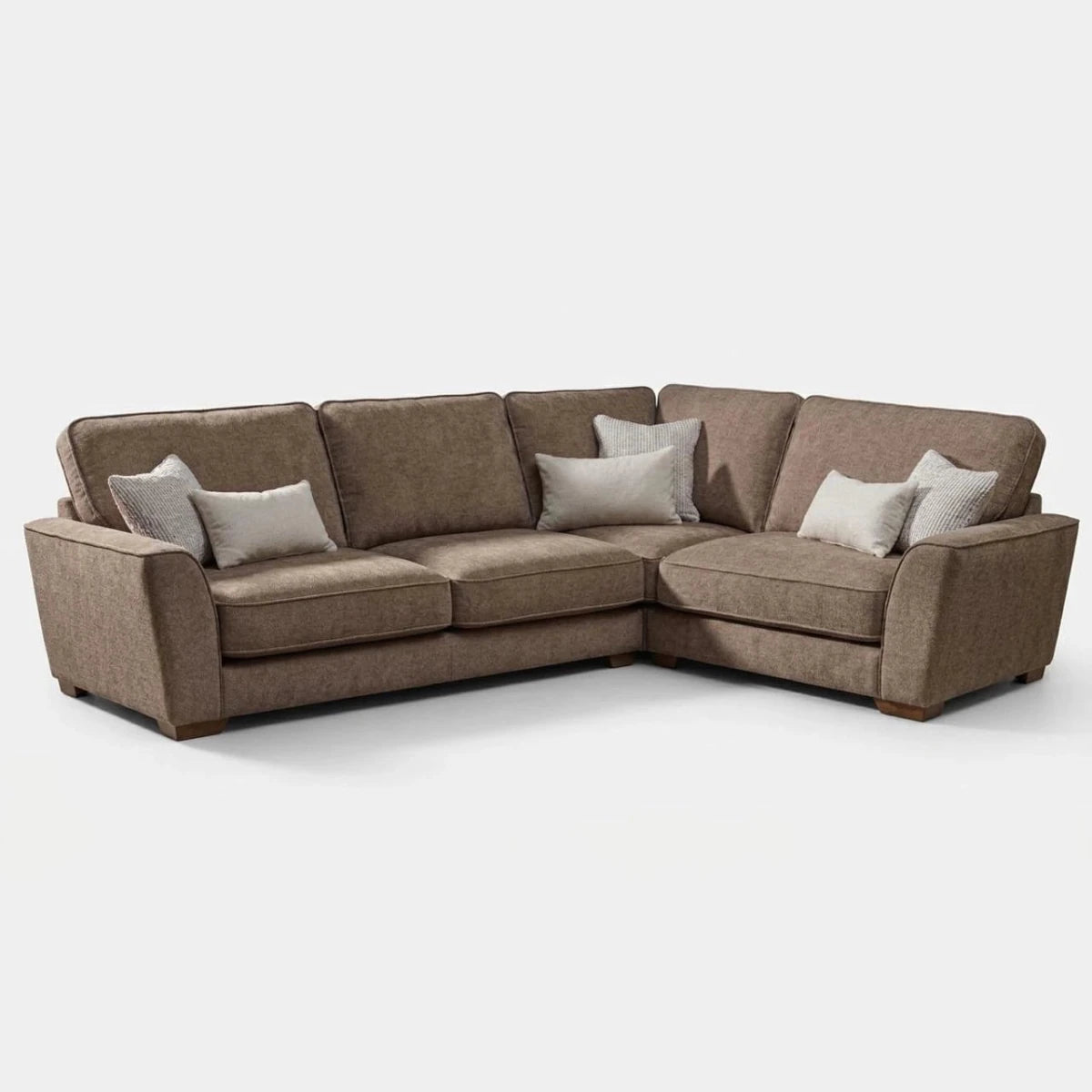 Premium Buoyant Caspian Marlon taupe corner sofa with high-back cushions and sleek dark wood feet.