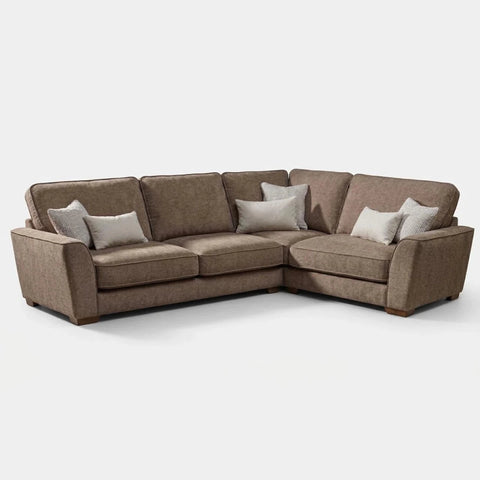 Premium Buoyant Caspian Marlon taupe corner sofa with high-back cushions and sleek dark wood feet.