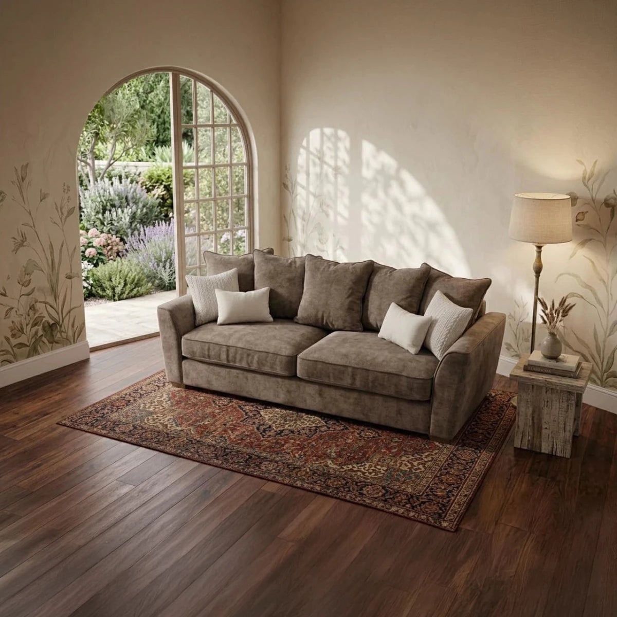 Luxury Buoyant Caspian Marlon taupe 3-seater sofa with plush scatter cushions and sleek dark wood feet.