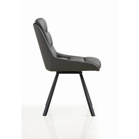 A modern gray upholstered dining chair with a high tufted backrest and angled black metal legs, shown from a side profile on a clean white background.