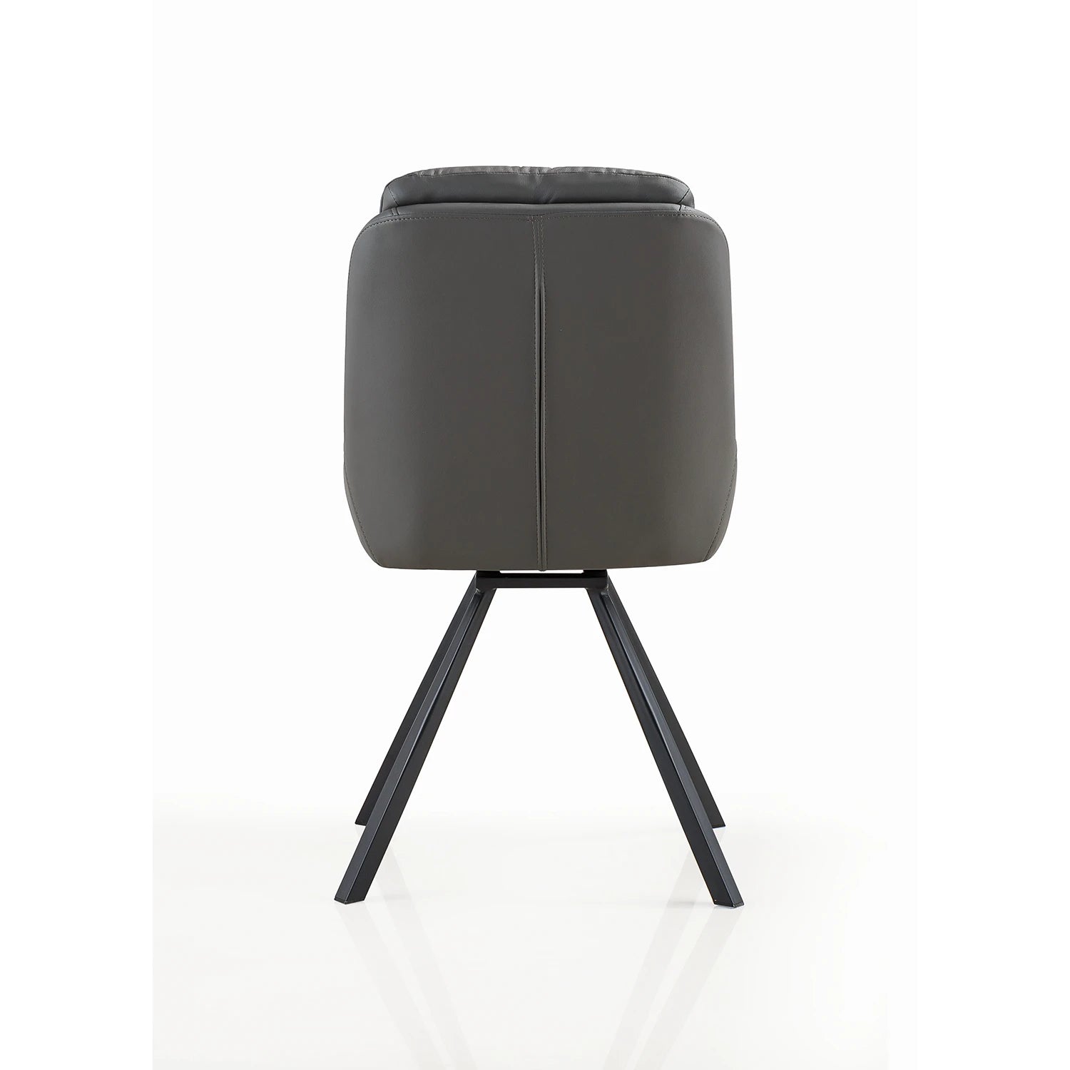A modern dark gray upholstered chair with a square backrest and three angled black metal legs, shown from the rear on a white studio background.