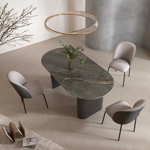 Cartier 180cm Oval Gloss Grey Ceramic Dining Table Set with Chairs