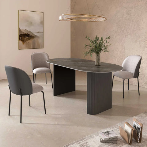 Cartier Oval Gloss Grey Ceramic Dining Table Set