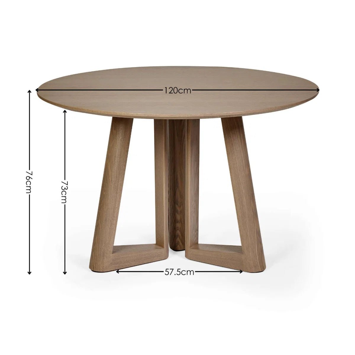 Cara 120cm Smokey Oak Effect Round Dining Table with Dimensions on a White Background