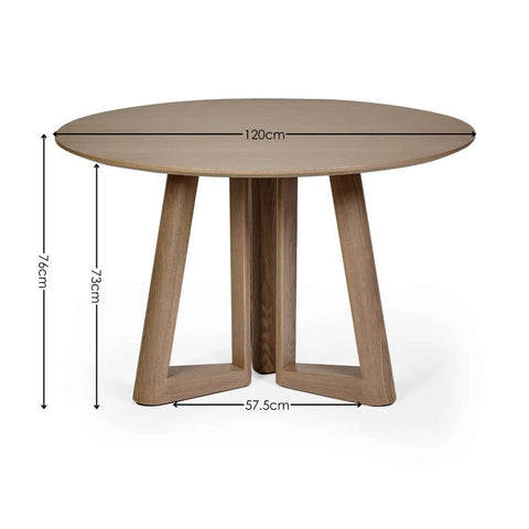 Cara 120cm Smokey Oak Effect Round Dining Table with Dimensions on a White Background