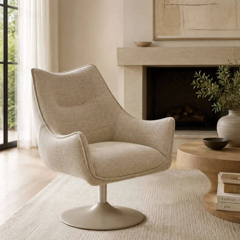 Shop the Caspian Ivory Chenille Swivel Lounge Chair. Featuring soft textured fabric, a curved supportive back, padded seat and contemporary swivel base.