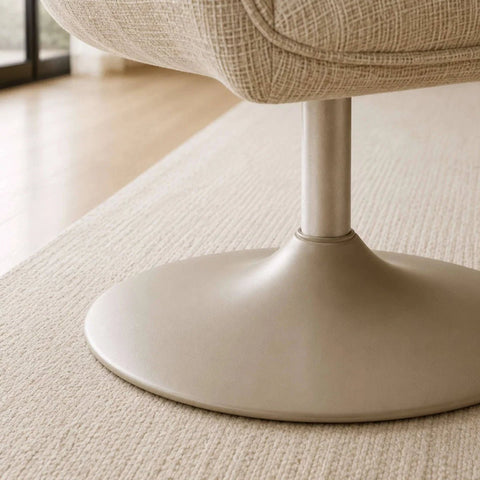 Close-up of a Caspian Ivory Chenille Swivel Lounge Chair with a textured base on a carpeted floor.