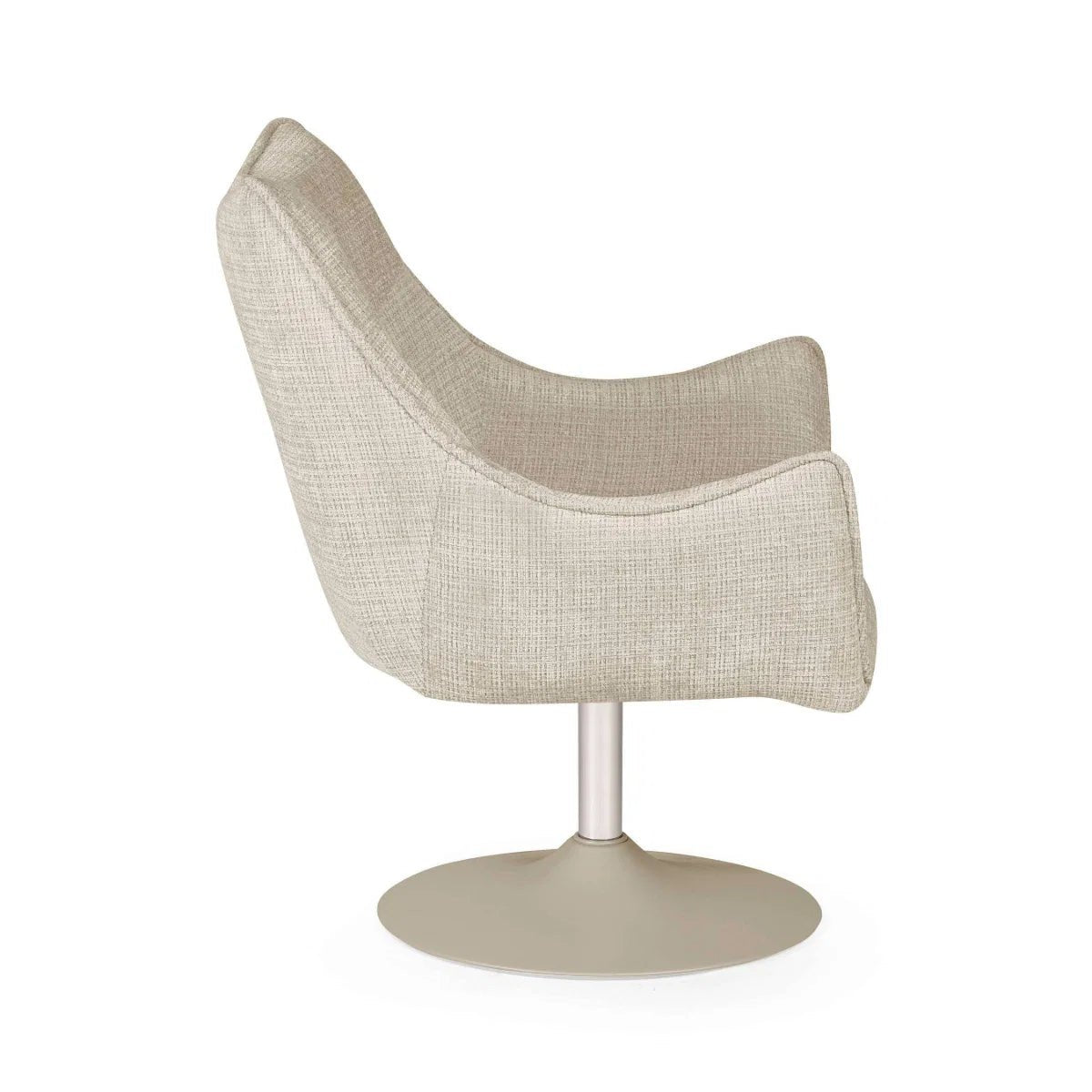 A modern swivel lounge chair upholstered in a textured light beige fabric, featuring a curved back and seat, supported by a slim metallic central column and a round beige base, shown against a plain white background.