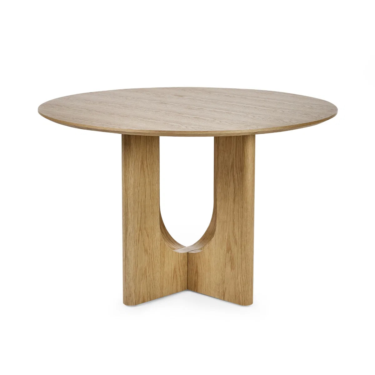 Cove 120cm Natural Oak Effect Round Dining Table. Seats 4, with a sculptural intersecting pedestal base and beautiful natural wood grain finish.