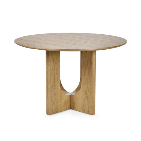 Cove 120cm Natural Oak Effect Round Dining Table. Seats 4, with a sculptural intersecting pedestal base and beautiful natural wood grain finish.