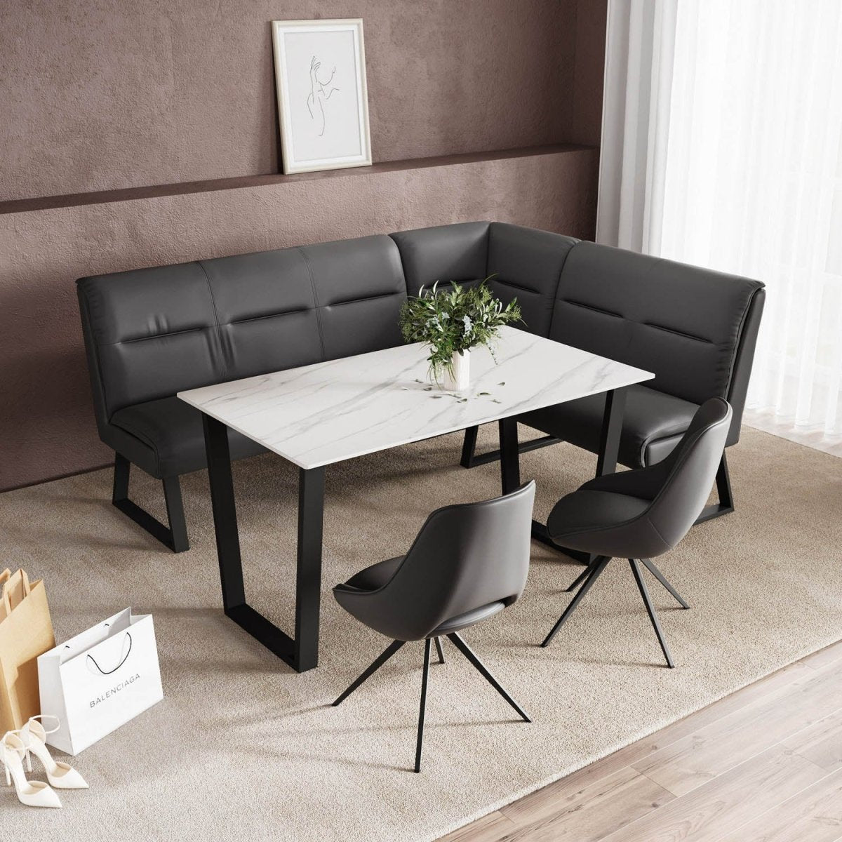 Cerutti White Ceramic Dining Table with Right Hand Facing Corner Bench and Grey Dining Chairs Set - Pendle Village Furniture