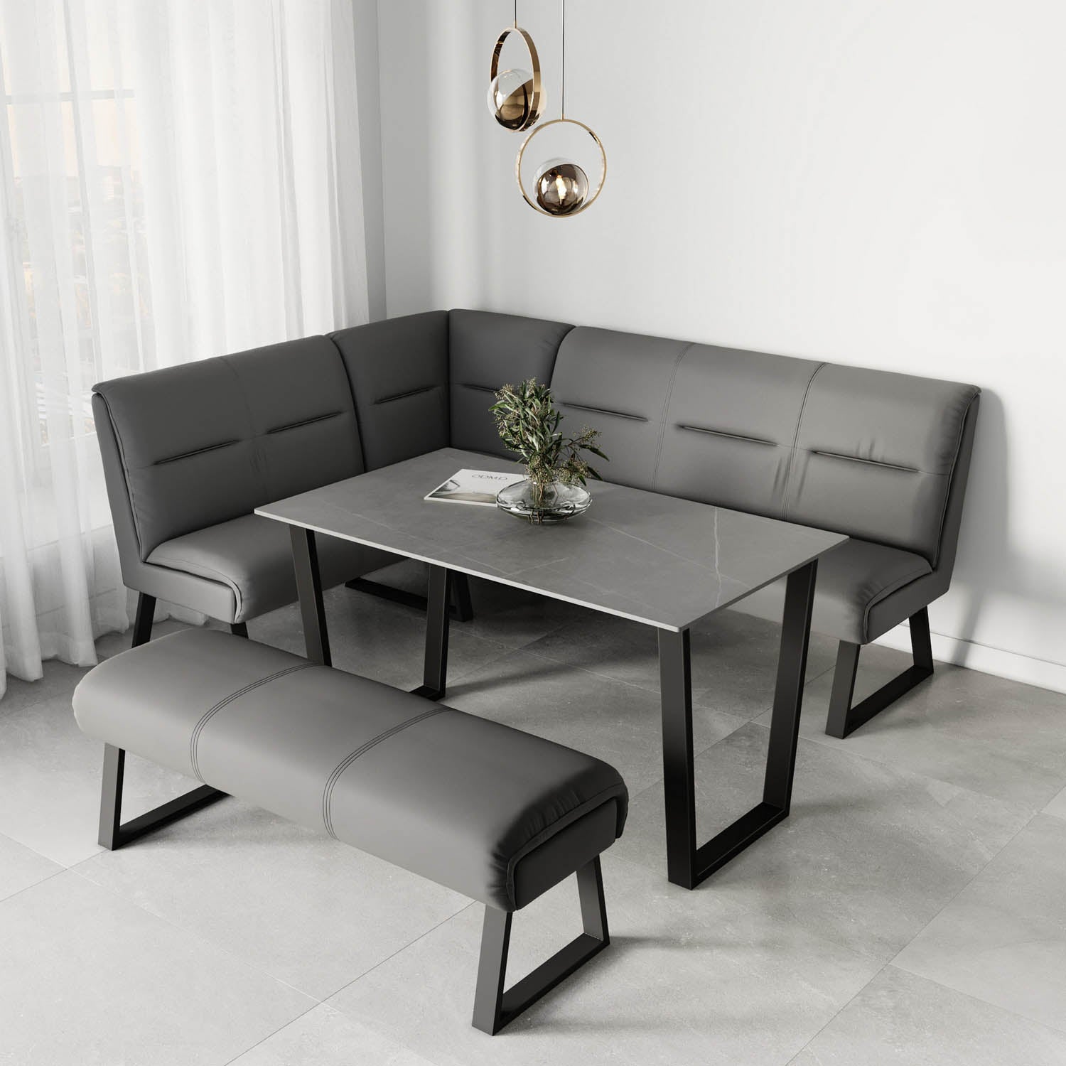 Get Cerutti Grey Ceramic Dining Table with Left Hand Facing Corner Bench and Low Backless Bench Set Pendle Village Furniture