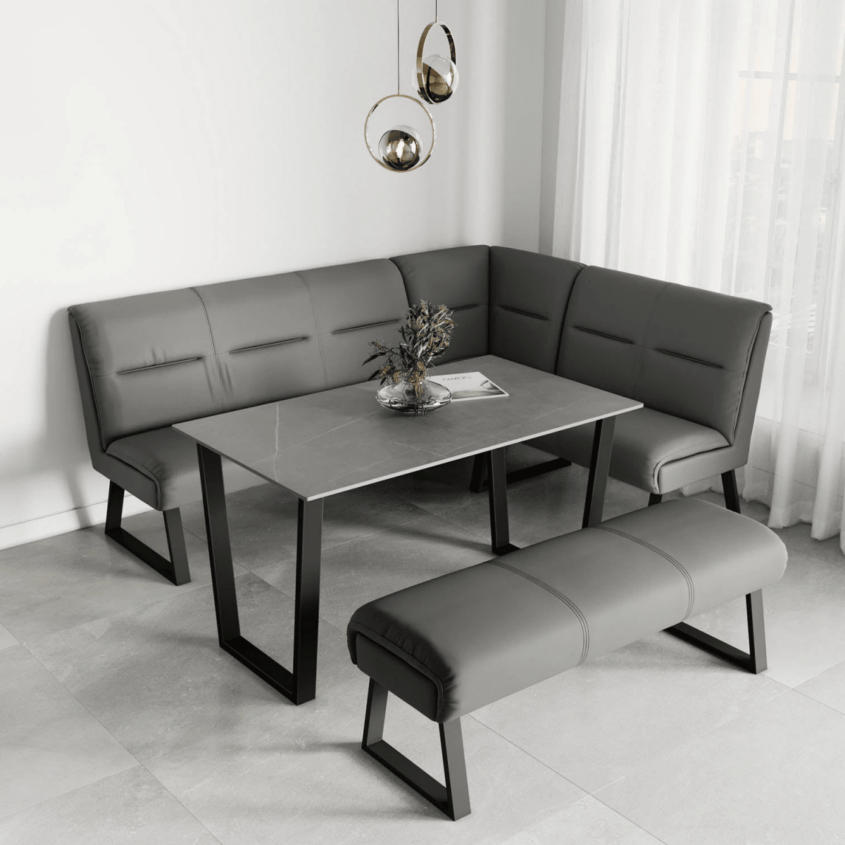 Cerutti Grey Matt Sintered Stone Ceramic Dining Table with Grey Leather Corner bench and backless bench set