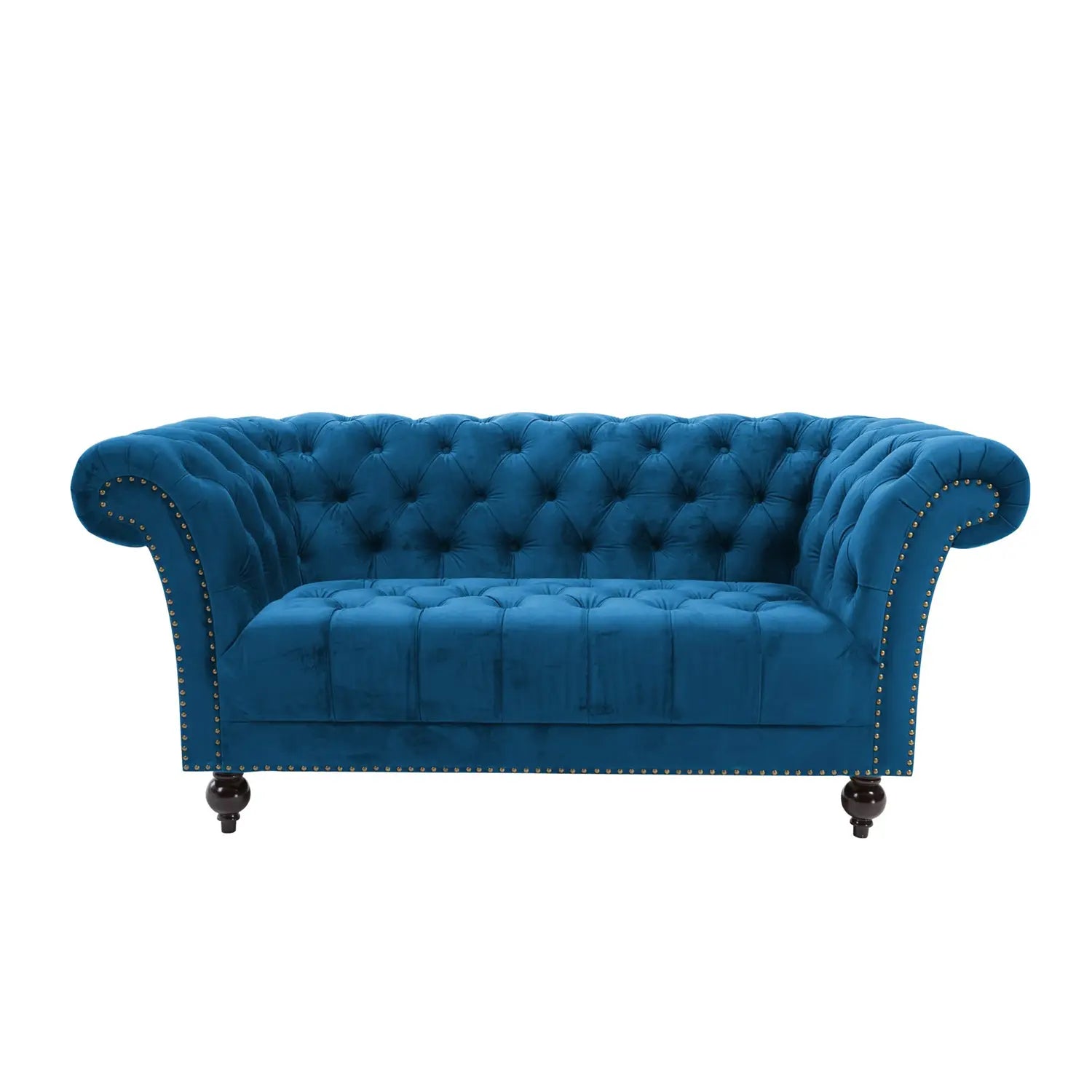 Chester Blue Plus Velvet Soft Fabric Chesterfield Sofa, also available in Grey, Choose from 3 seater and 2 seater - Front View 