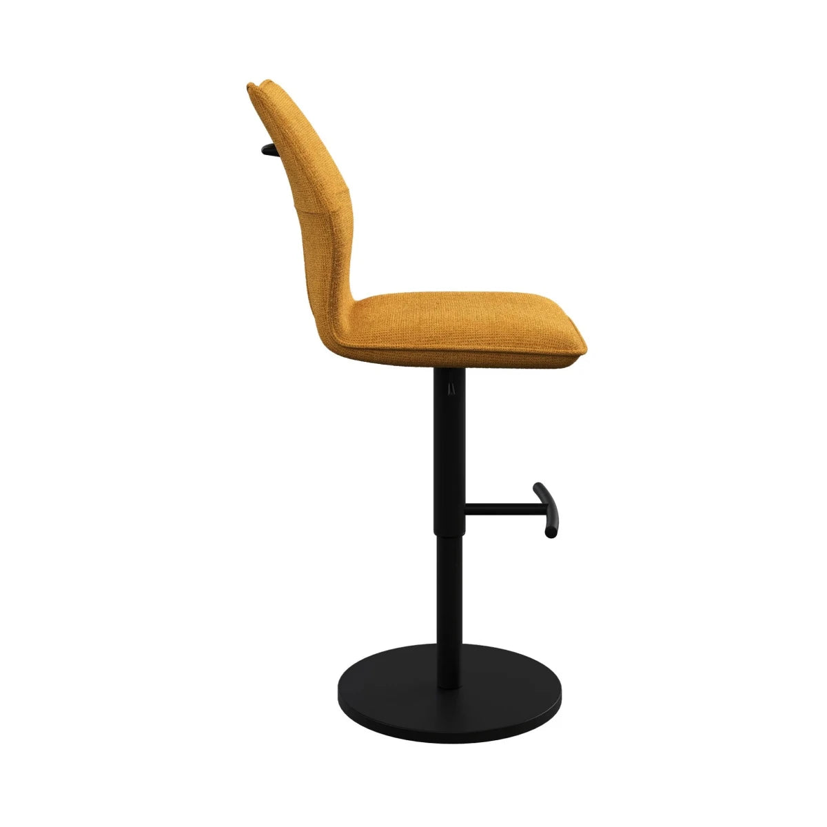 Iris Mustard Fabric Adjustable Bar Stool swivel function and black metal pedestal base